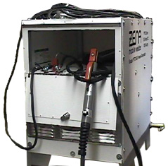 Rear view of ZENA PTO drive welder, storage compartment, and welding cables